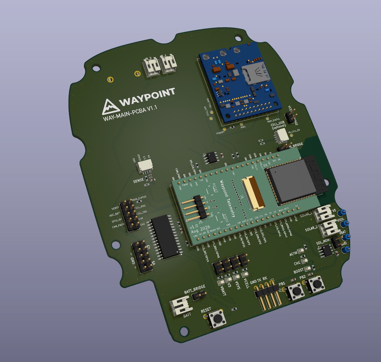 Waypoint main printed circuit board assembly, version 1.1, with cellular modem, processing module, battery management, and dual solar inputs