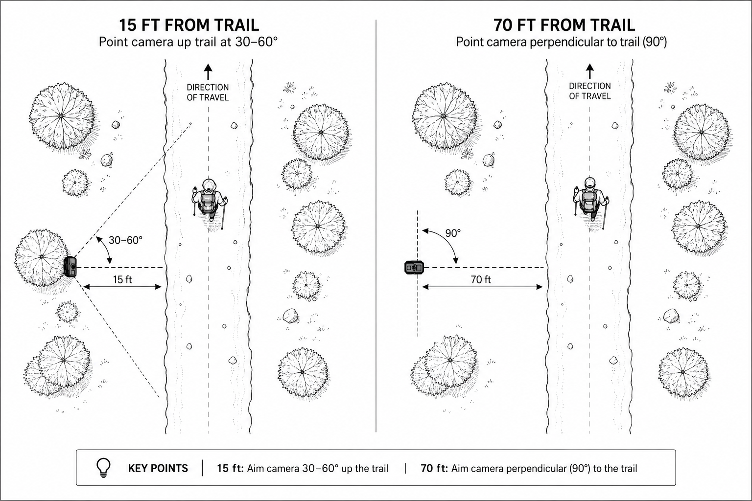 Overhead diagram comparing camera aiming angles: at 15 feet from the trail aim 30 to 60 degrees along the trail, at 70 feet aim perpendicular