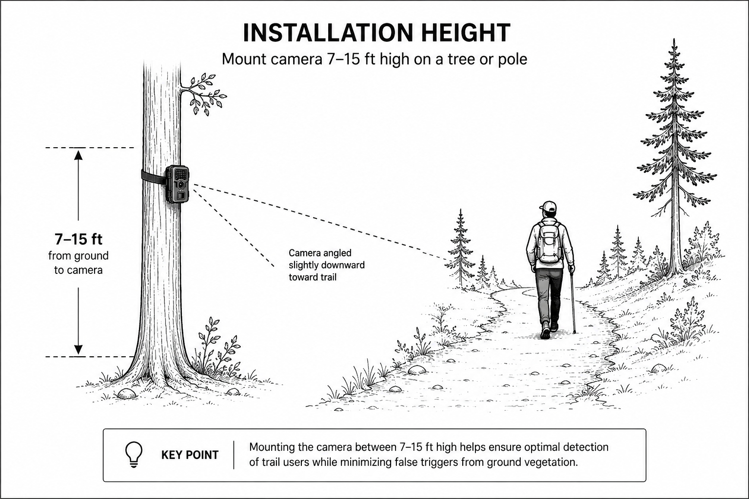 Diagram showing recommended trail camera mounting height of 7 to 15 feet on a tree, angled slightly downward toward the trail