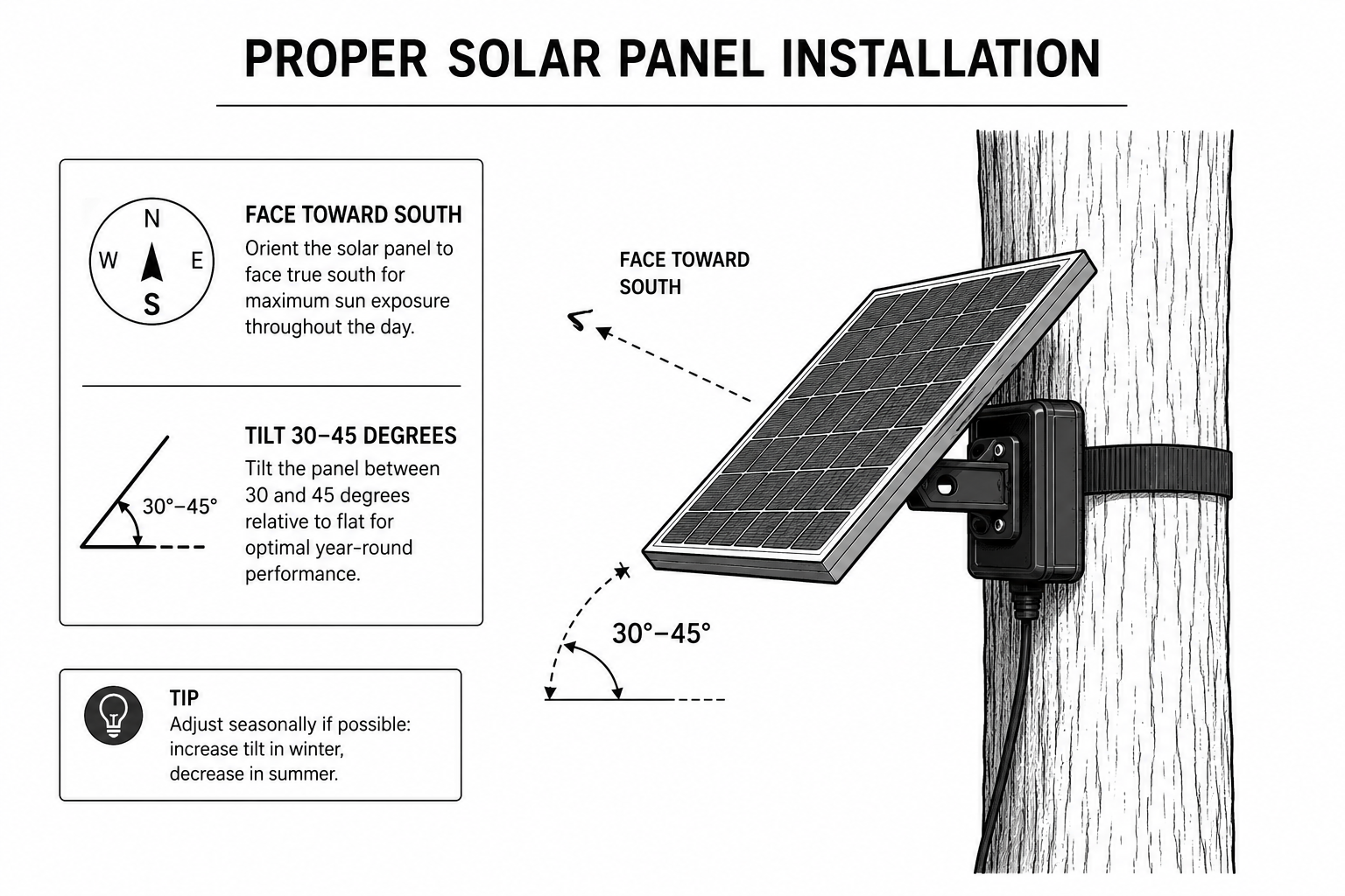Diagram of proper solar panel installation for a trail counter: panel strapped to a tree, facing south, tilted 30 to 45 degrees