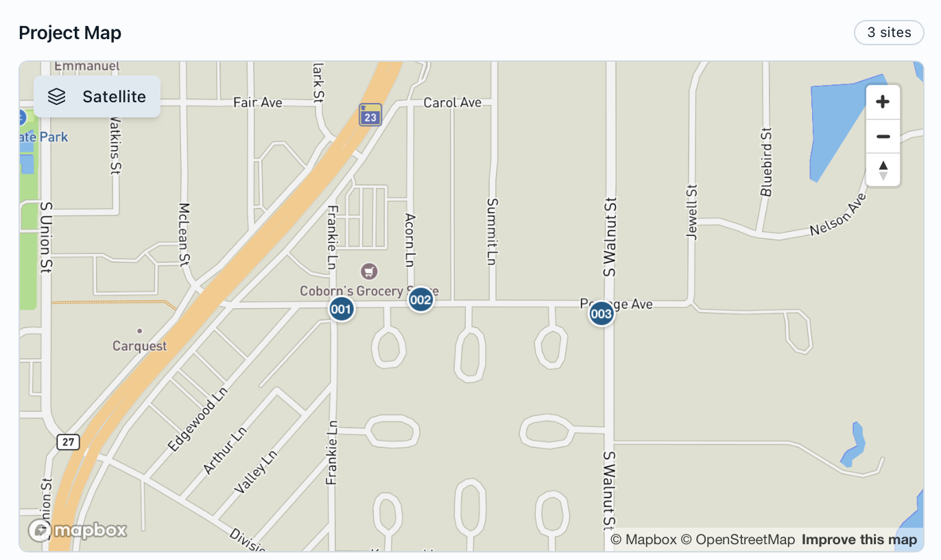 Project map of the Portage Avenue study sites in Mora, Minnesota