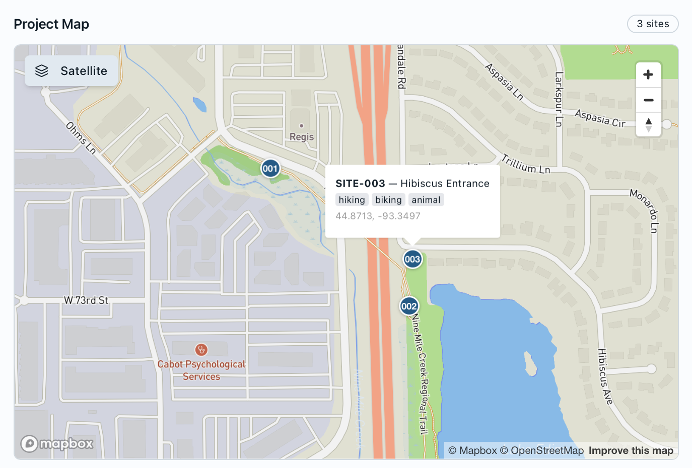 Project map of the Nine Mile Creek bridge deployment, showing camera sites near Highway 100 in Edina