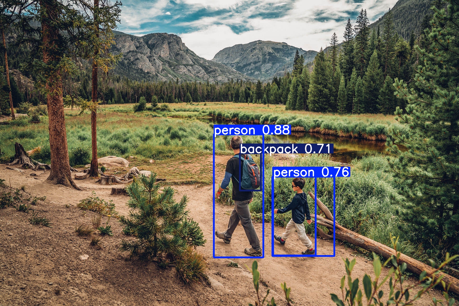 AI detection result showing hiker counting and classification on a trail