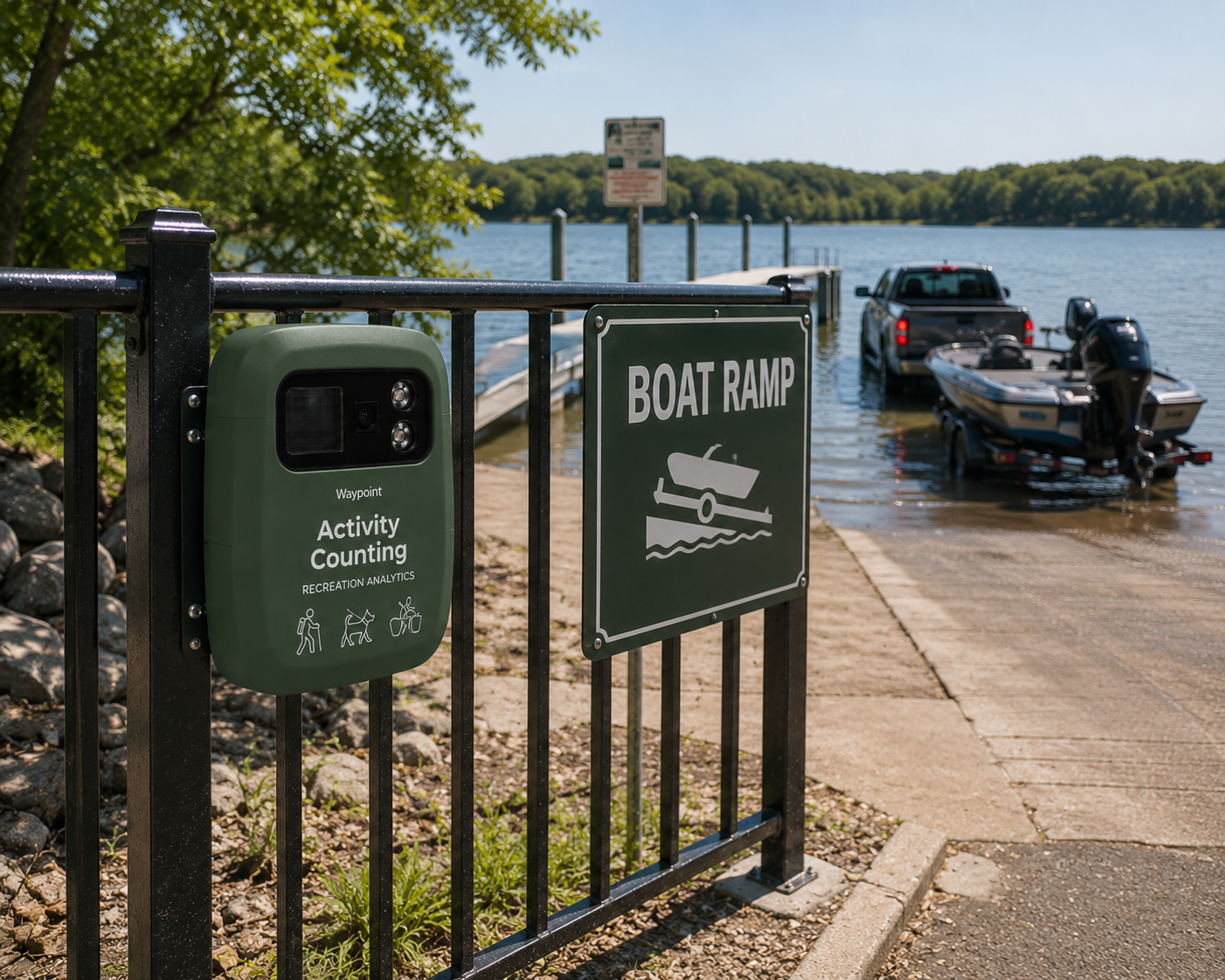 AI detection result counting launches and trailers at a boat ramp