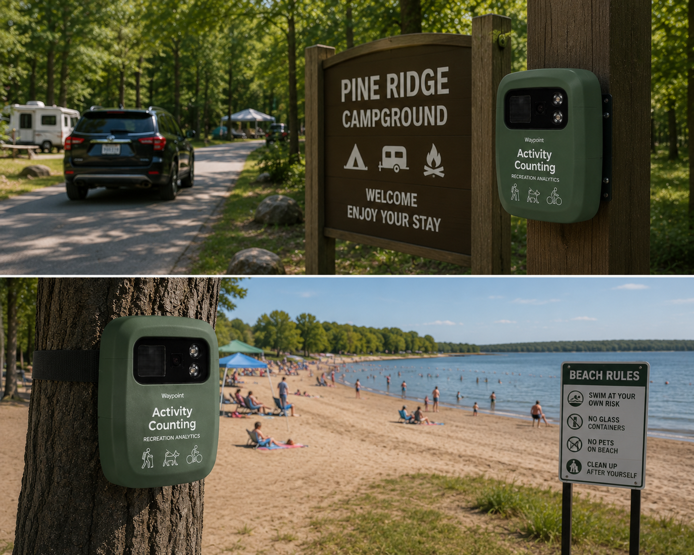 AI detection result counting visitors at a campground access point