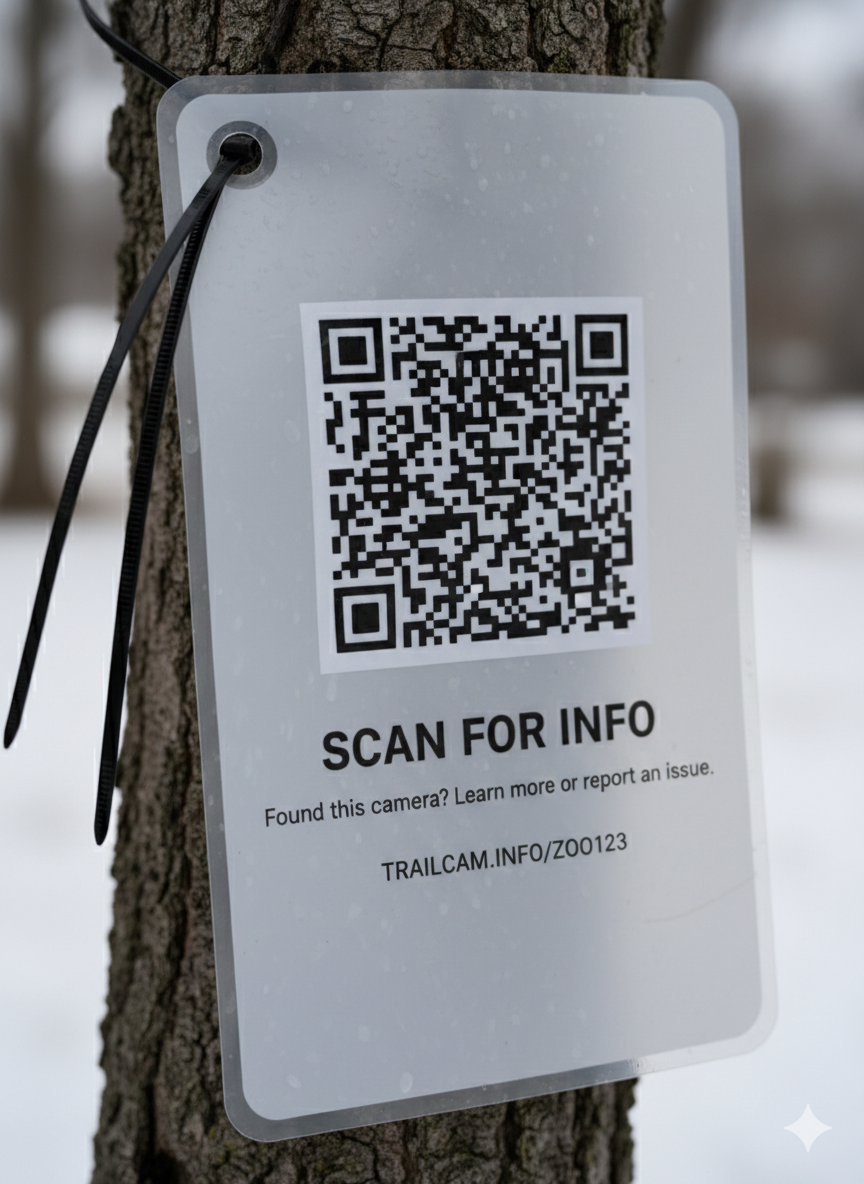 Weatherproof laminated info tag with QR code for public information