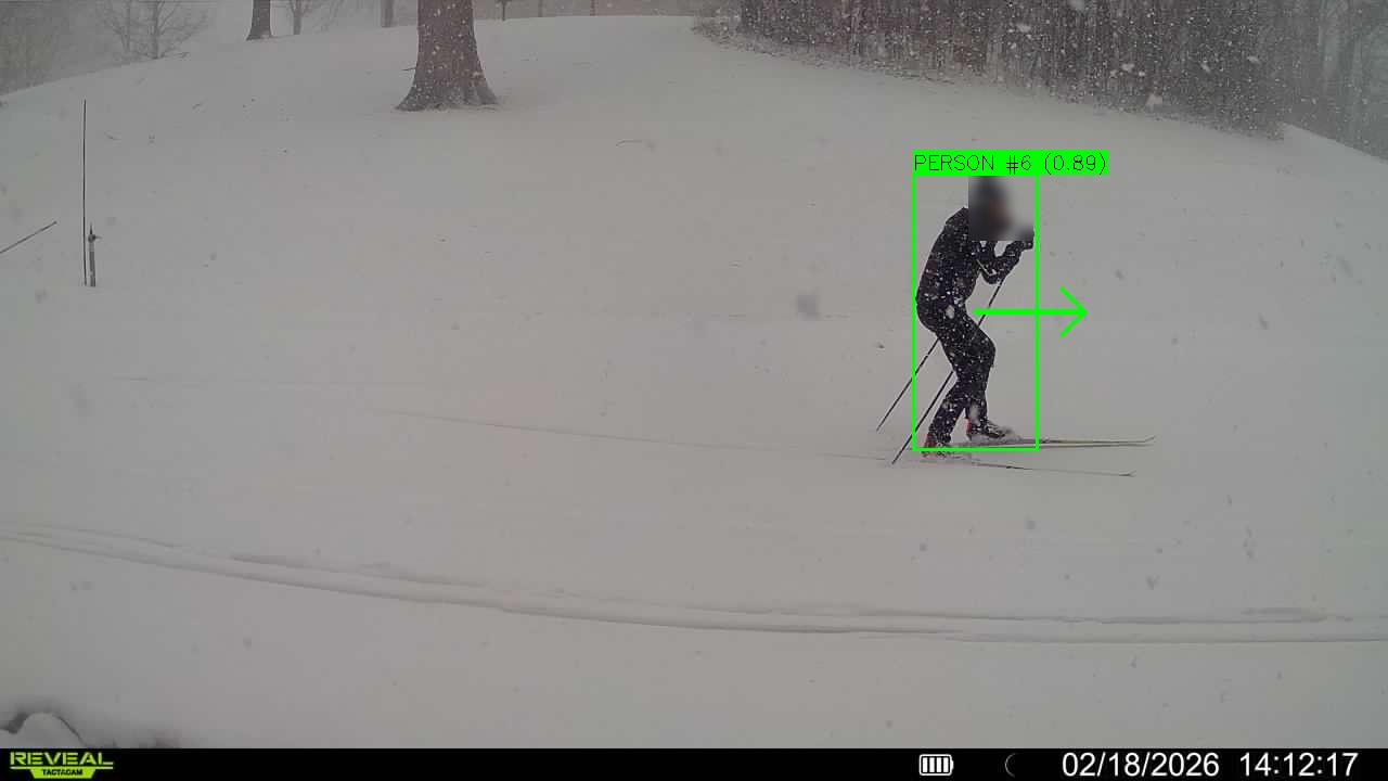 Skier detected in heavy snowstorm with severely reduced visibility, demonstrating robust VisionAI detection in adverse weather conditions