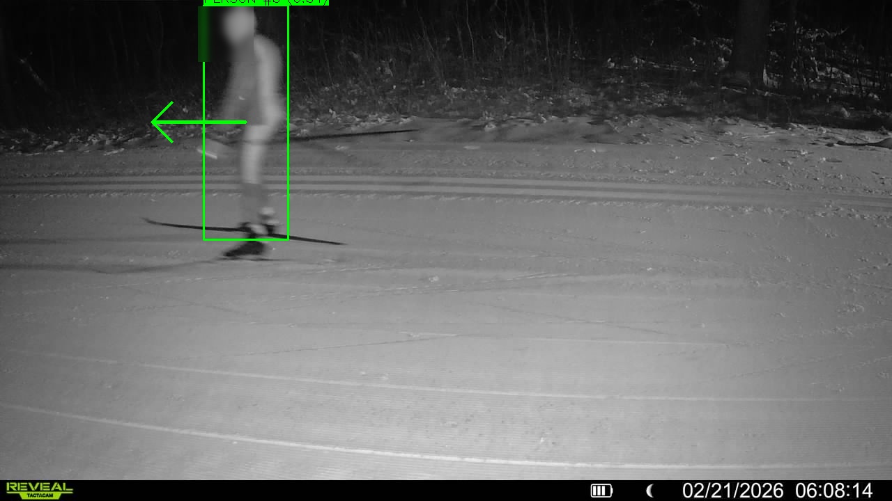 Skier detected at night with extreme blur and minimal visibility, showing detection capability in nighttime conditions
