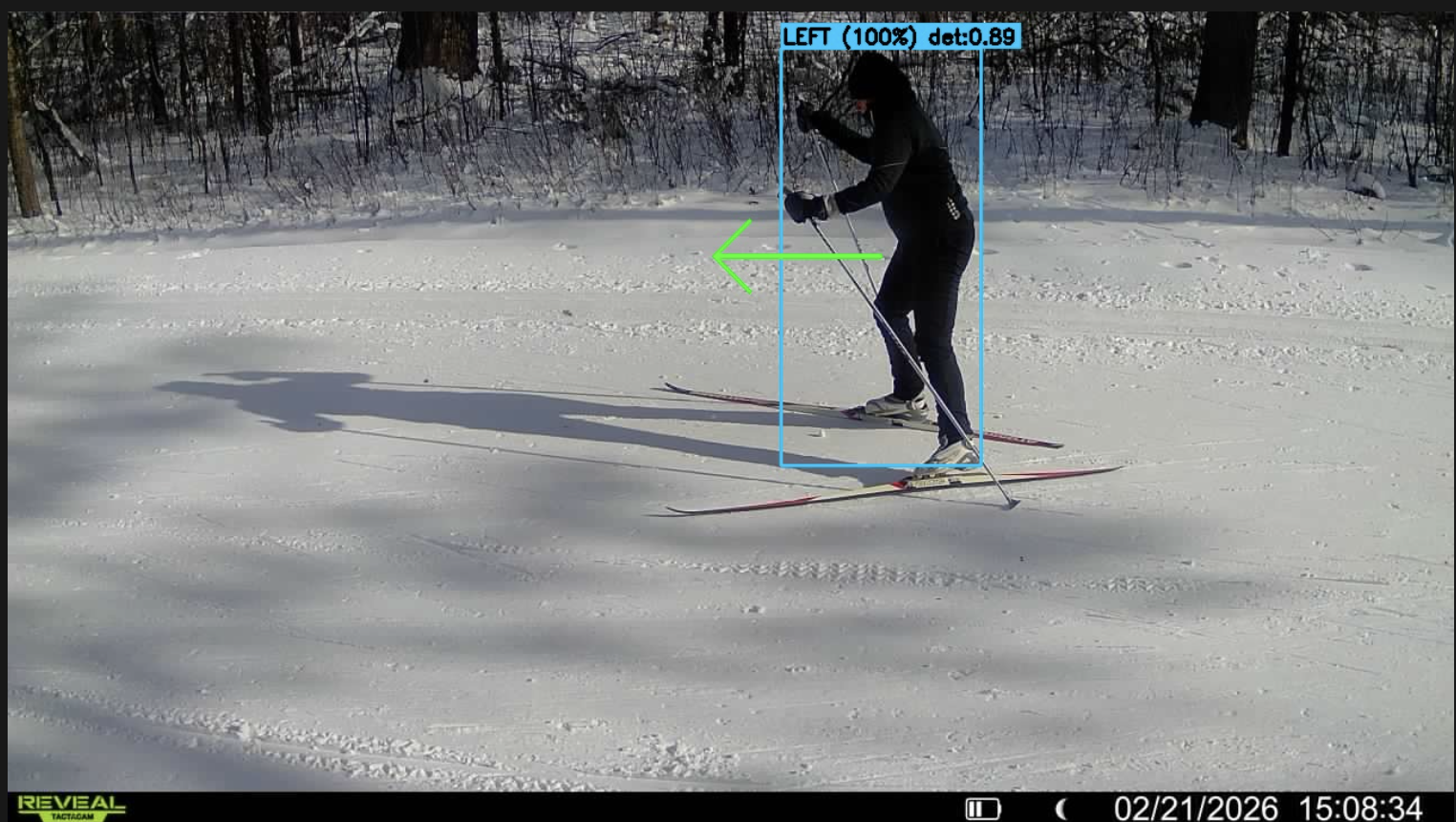 AI-powered directionality detection showing a cross-country skier with directional flow analysis