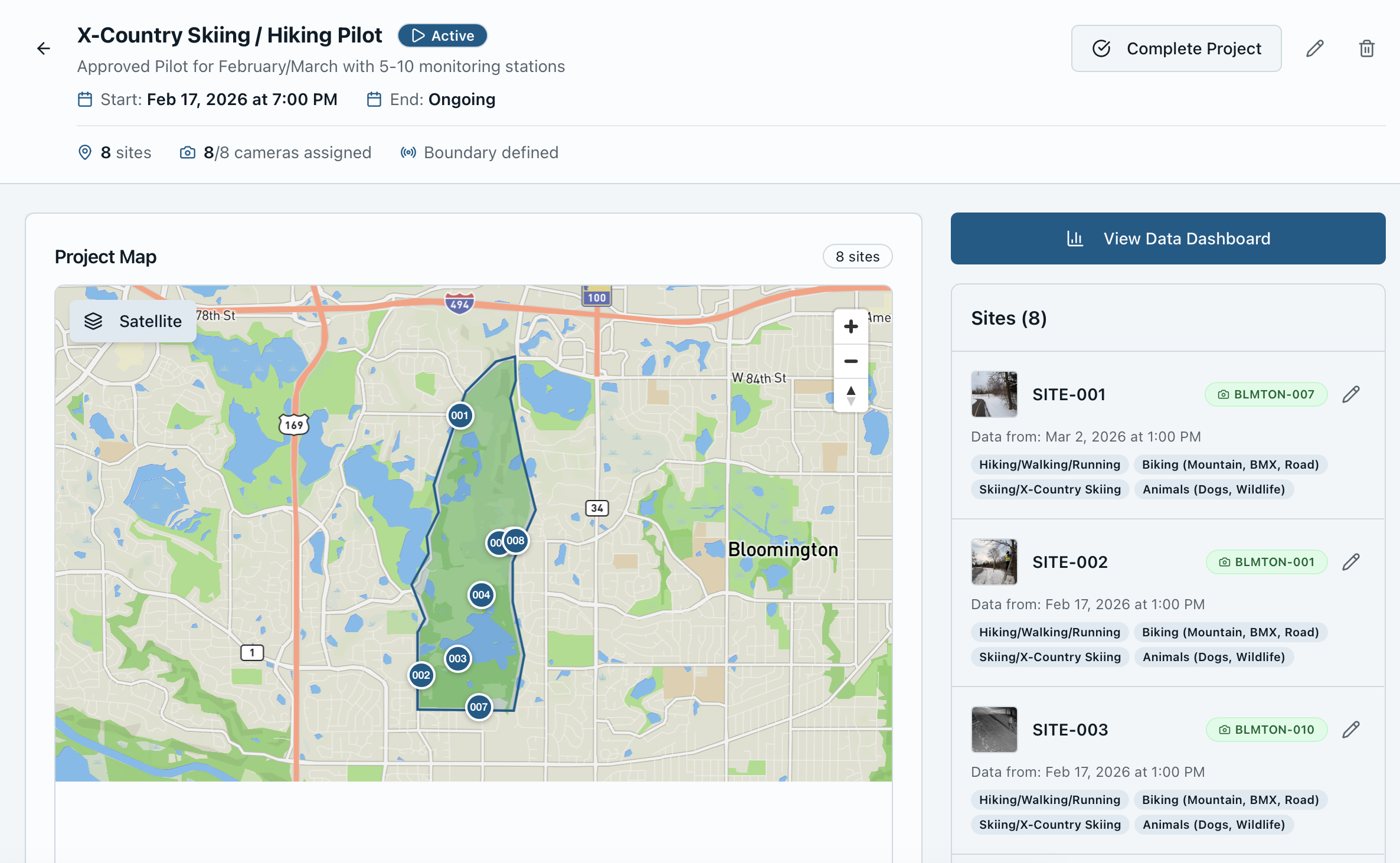 Waypoint Cloud Platform dashboard overview showing project monitoring interface