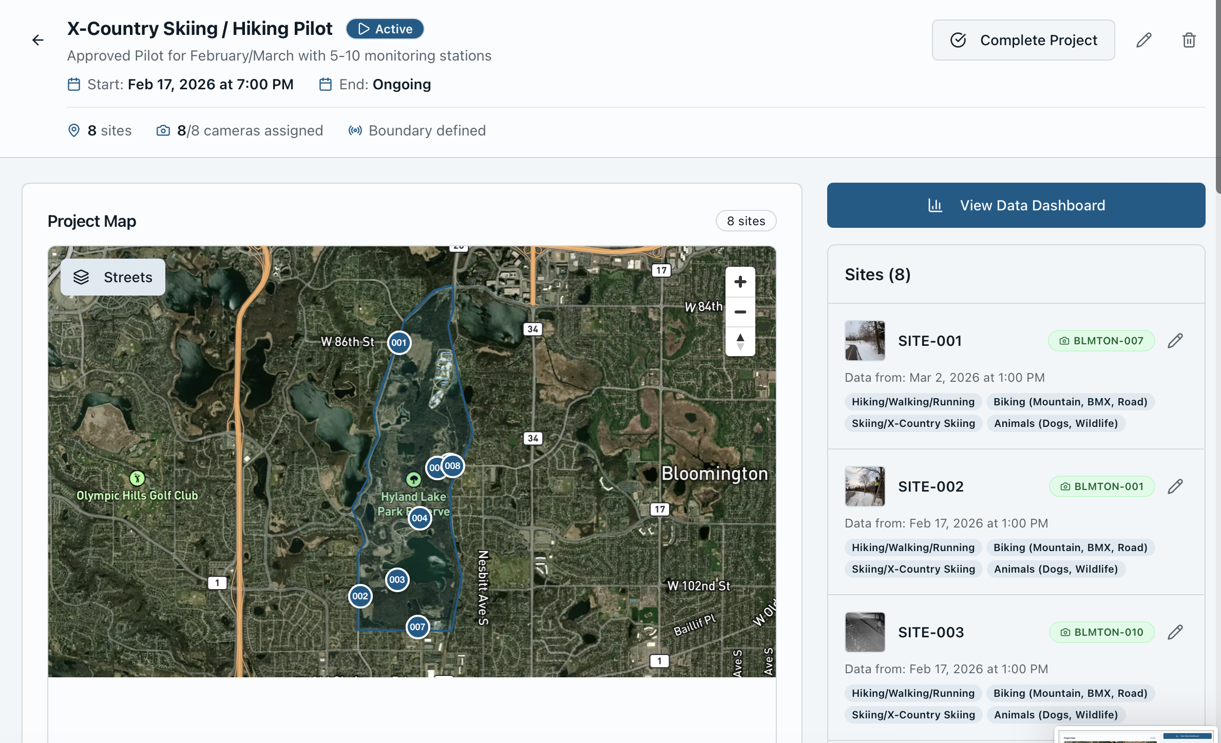 Waypoint Cloud Platform dashboard overview showing project monitoring interface
