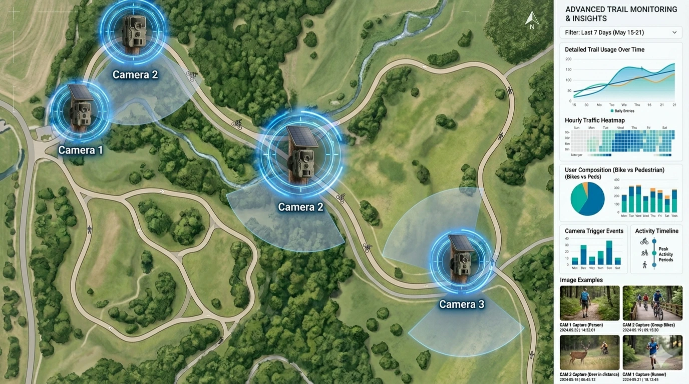 Trail network deployment showing four cameras covering key trail intersections, with real-time data feeding into a centralized analytics dashboard