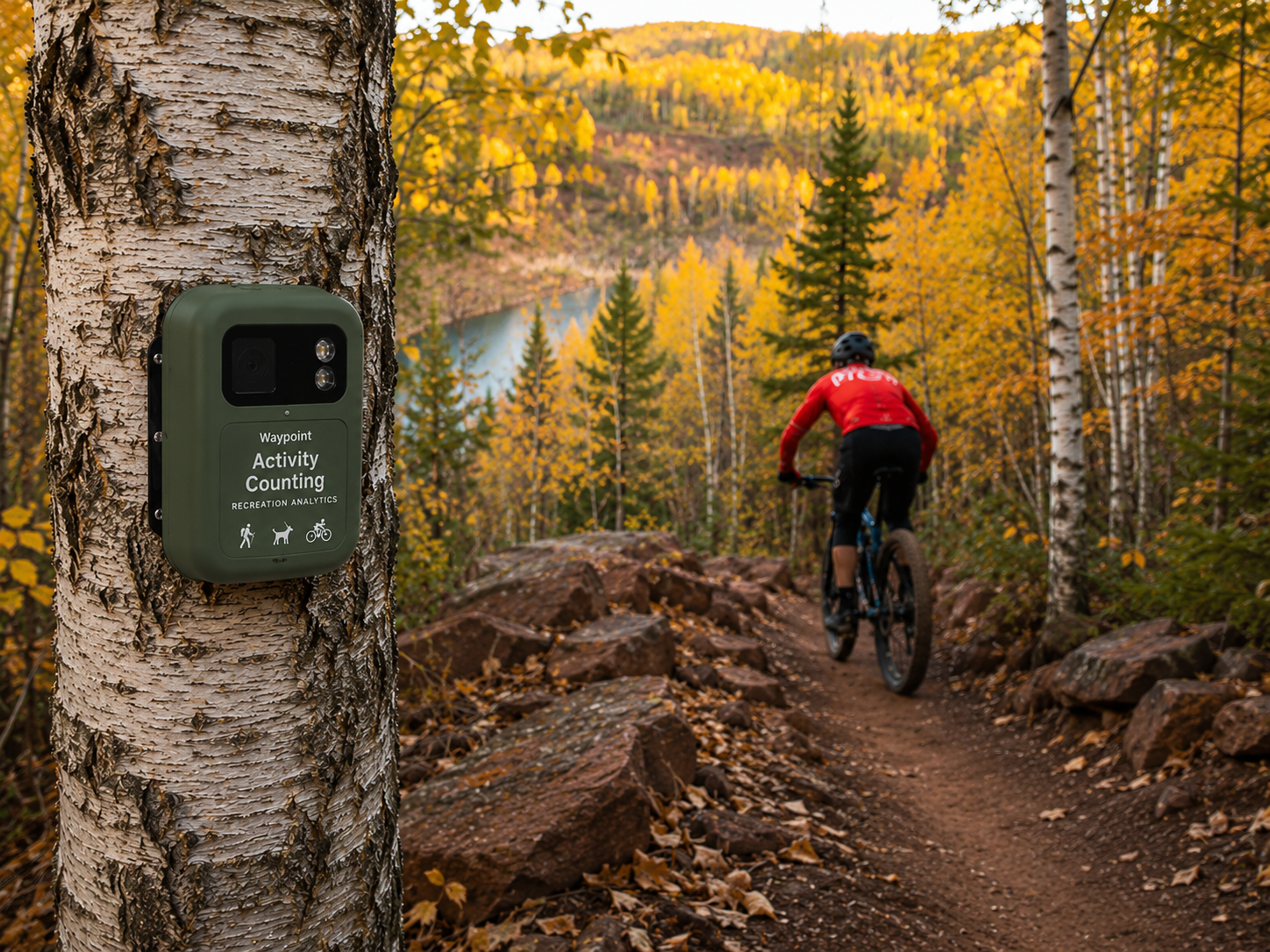Waypoint camera deployed on a tree beside a mountain-bike trail