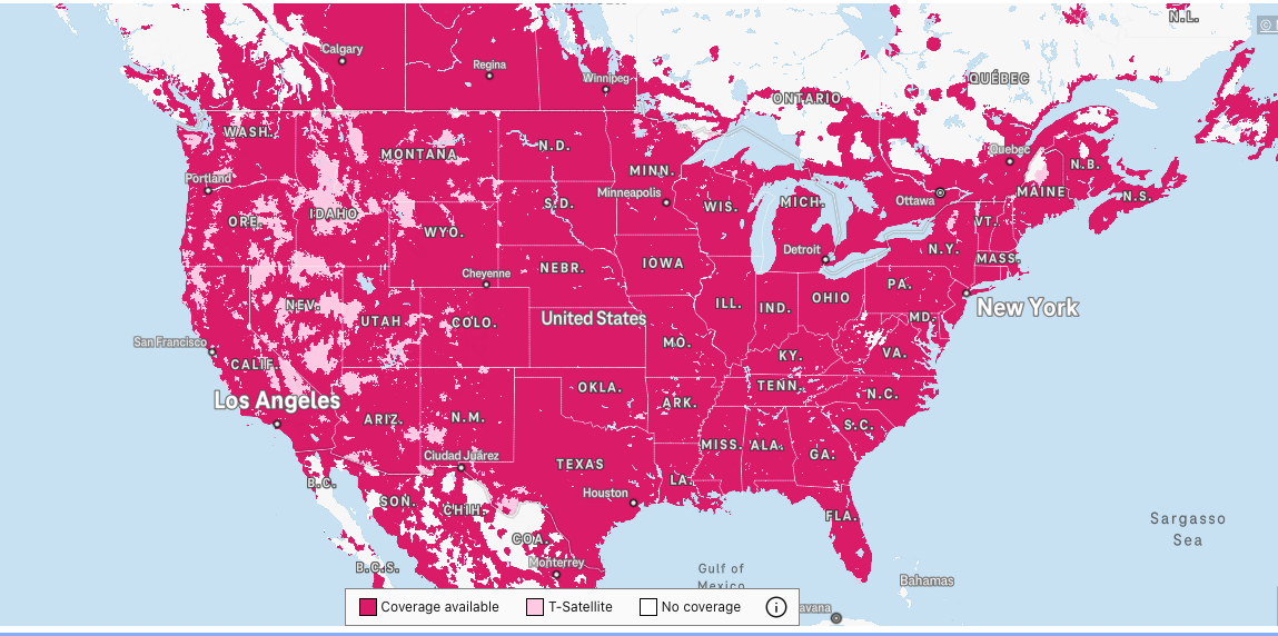 T-Mobile nationwide coverage map showing extensive cellular network availability across the United States