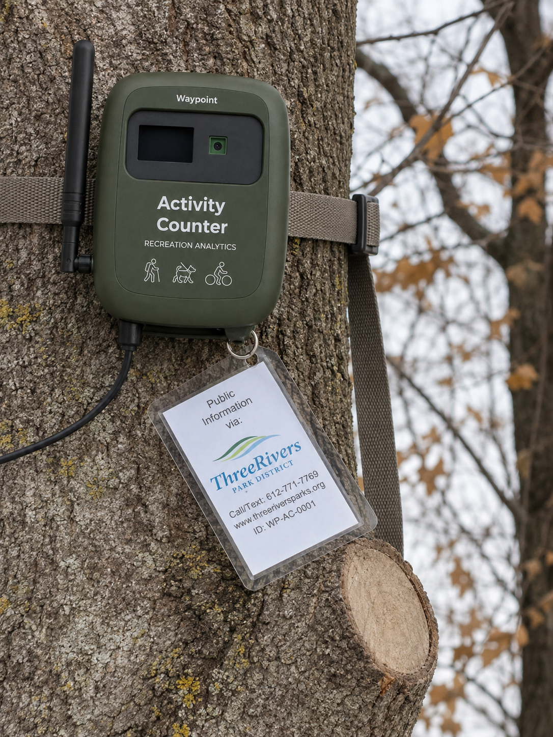 VisionAI One activity counter mounted on a tree, clearly labeled with its purpose and activity pictograms, with a public information tag attached to the enclosure